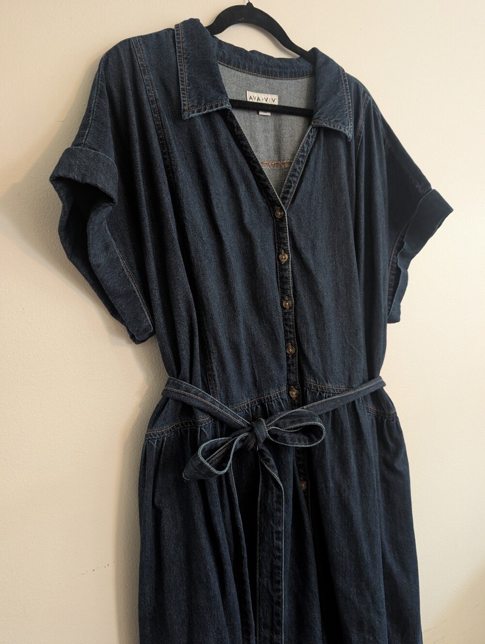 Ava & Viv Dark Blue Button-Front Denim Midi Dress with Tie Belt - Picture 3 of 6